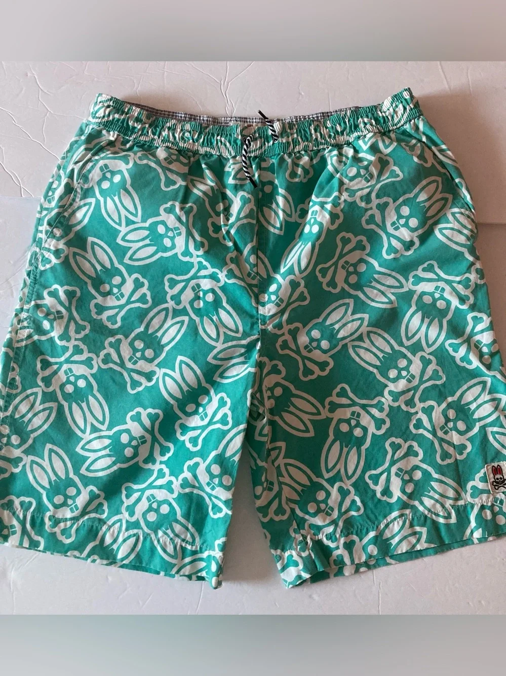 Psycho Bunny SZ XL boys Teal and White Bunny-and-Bones Swim Shorts